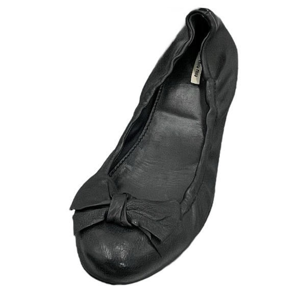 Miu Miu Black Leather Ballet Flats With Leather Bow Detail Size 39.5 / 9 US - Picture 3 of 13